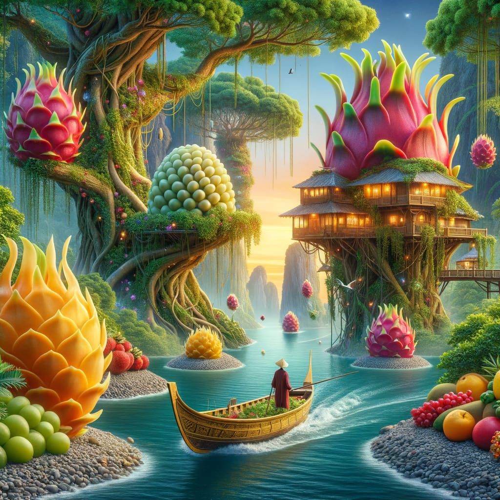 Hyperrealistic Fruit Realm with Golden Boat