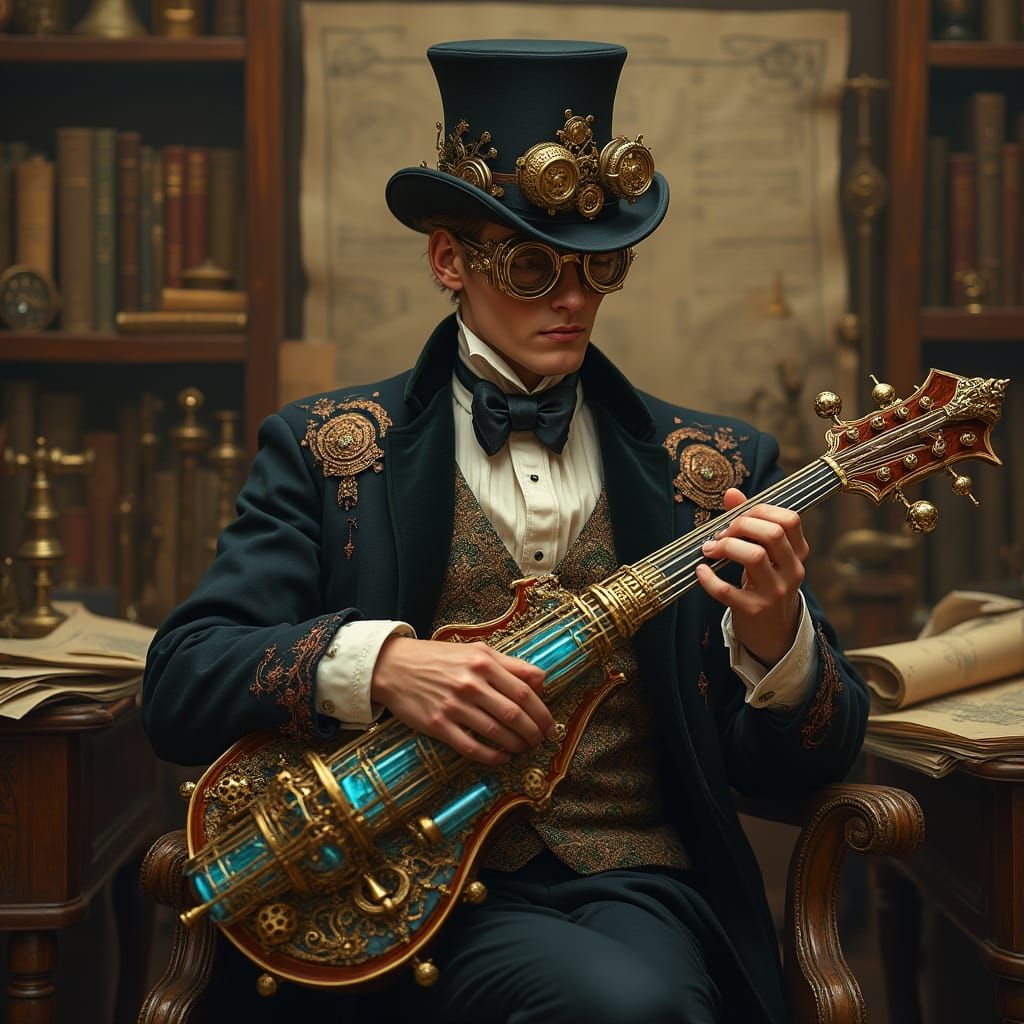Steampunk Musician in Vintage Study with Intricate Instrumen...