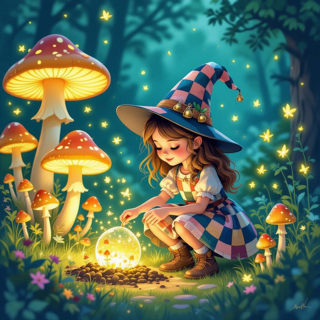 Young Witch Tends Magical Glowing Mushroom Garden