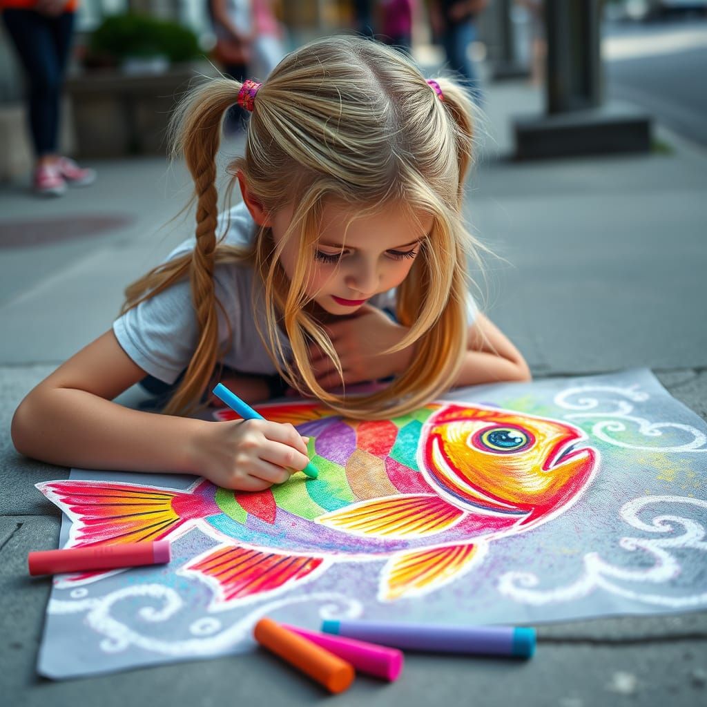 Girl Drawing Magical Fish on Sidewalk in Realistic Style