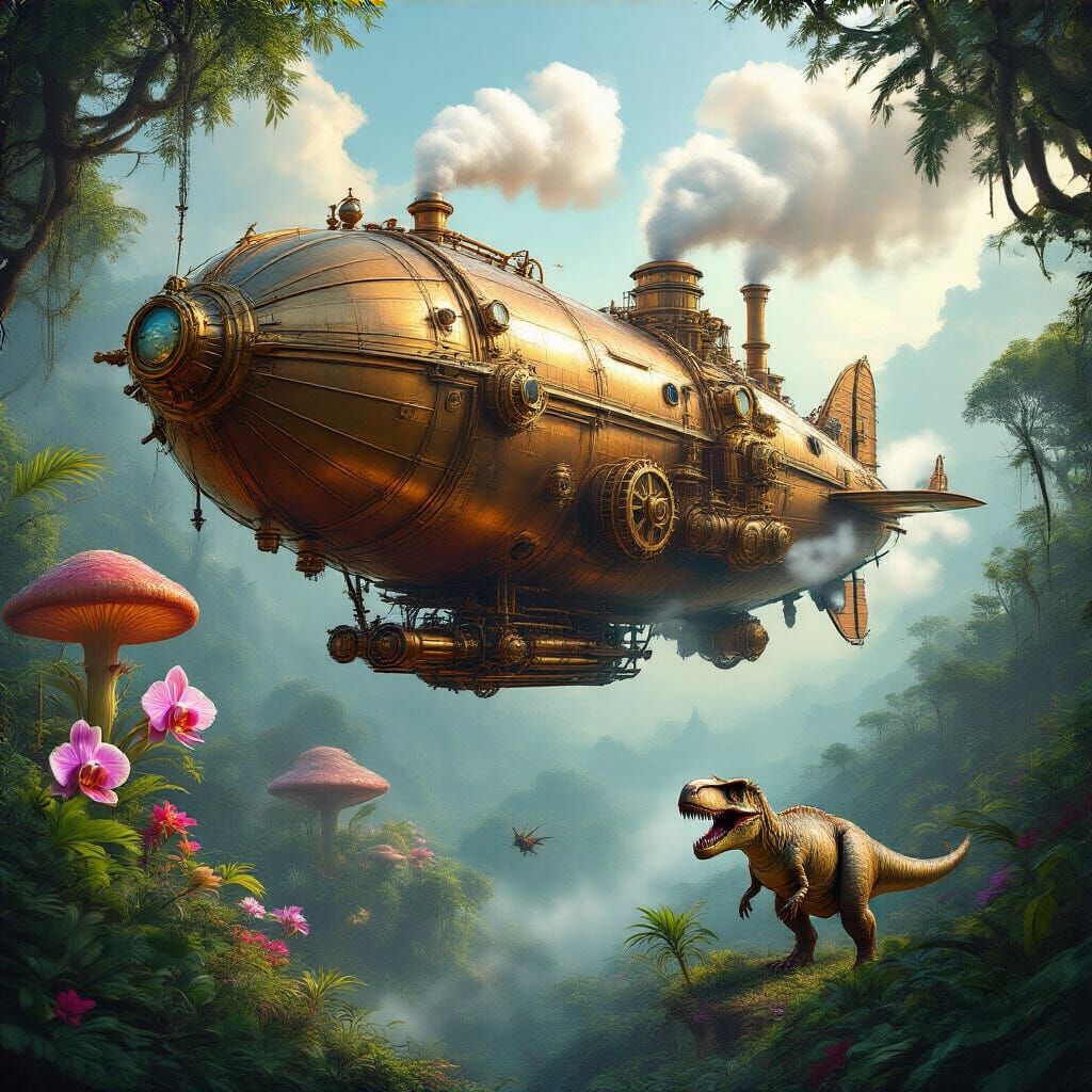 Steampunk Airship Soaring Through Alien Jungle