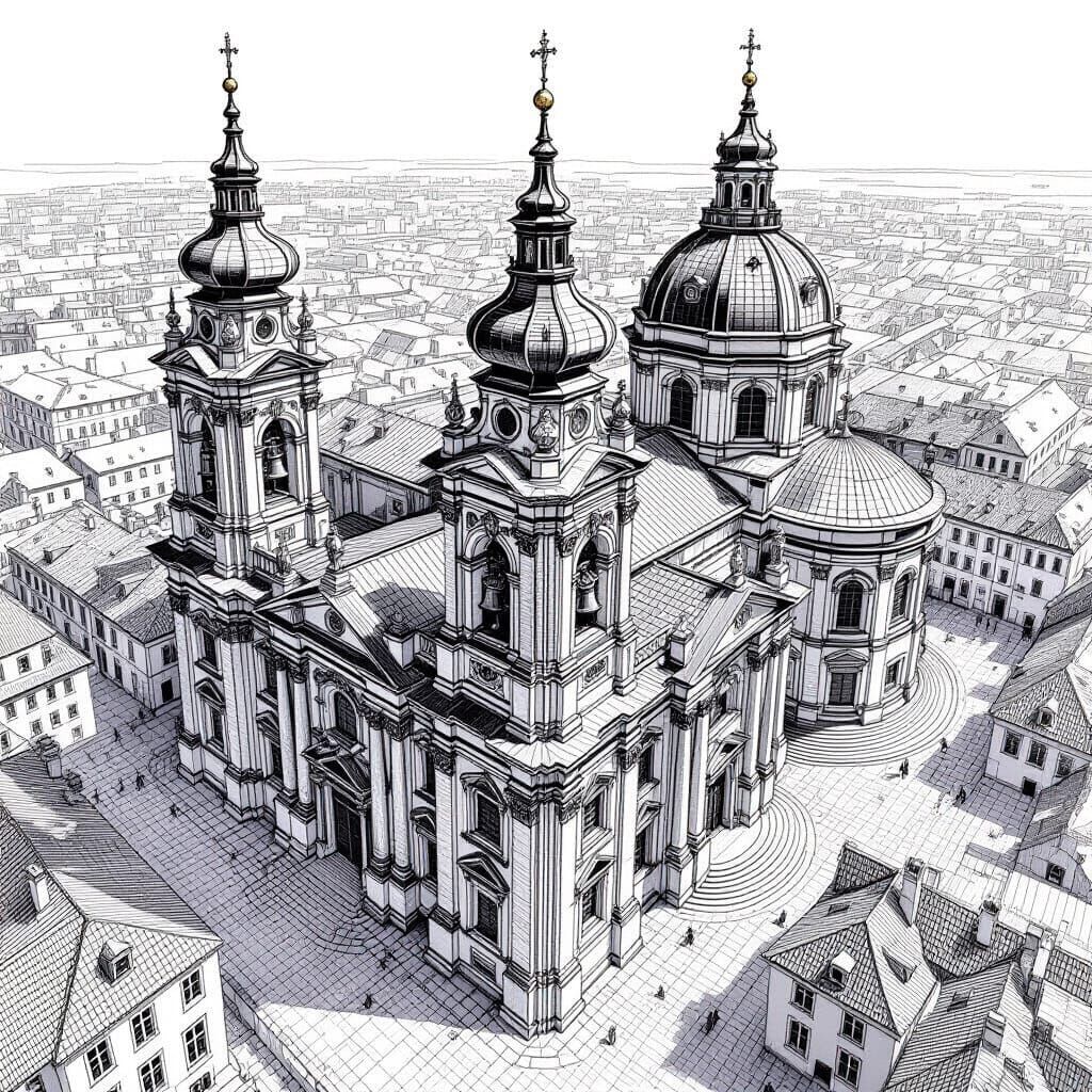 Baroque Church Tower Pen Drawing