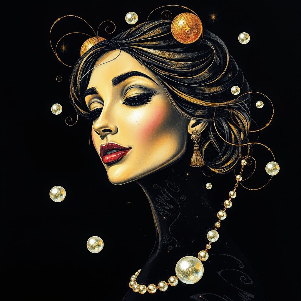 Surreal Girl Drawing with Iridescent Pearls