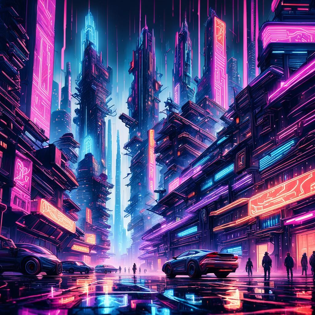 Cyberpunk Cityscape with Flying Cars and Magic