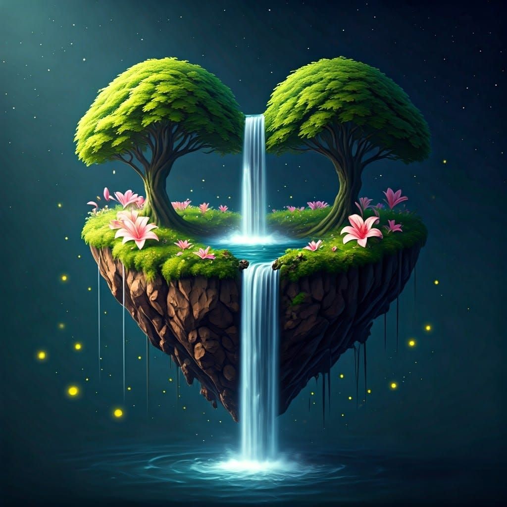 Enchanted Heart-Shaped Isle Illuminated by Vibrant Stars and...