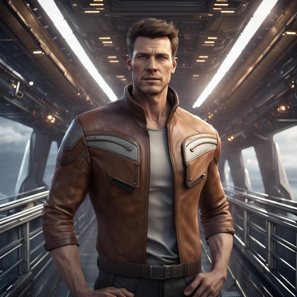 Muscular Man on Spaceship Bridge in Detailed Digital Art