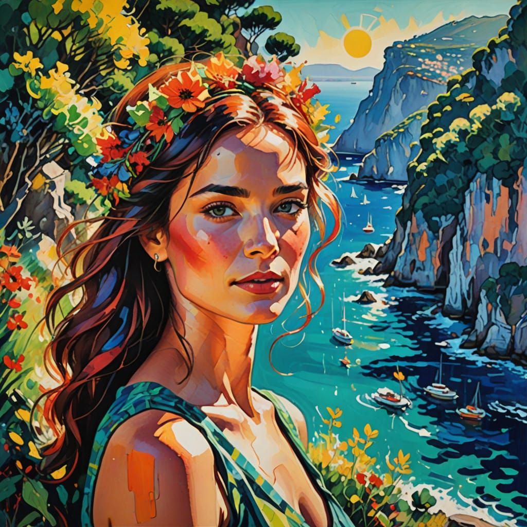 Joyful Woman Basks in Sunny Capri Beach Landscape