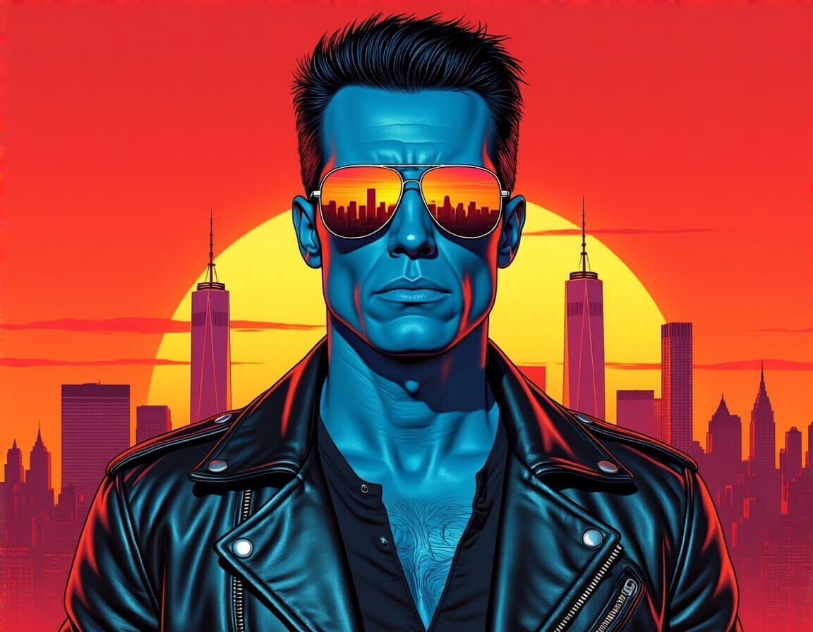 Blue Man in 80s Airbrush Style Reflecting City