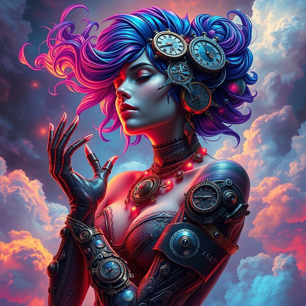 Steampunk Dreamer Lost in Vibrant, Neon Clouds