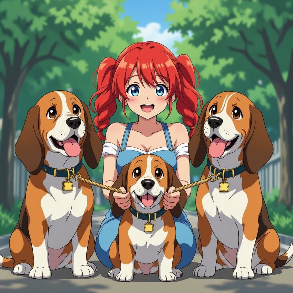 Anime Style Art: Redheaded Woman Tied by Basset Hounds