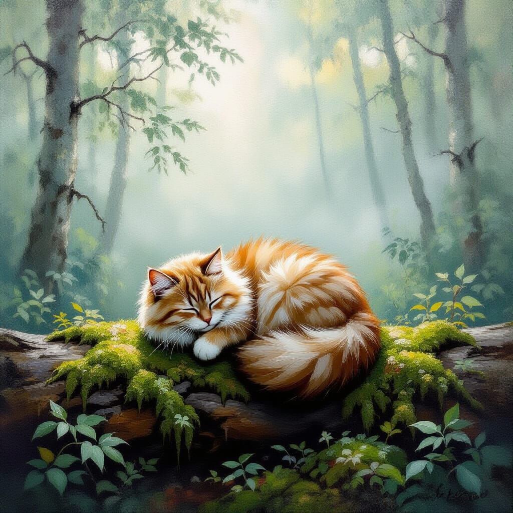 Fluffy Cat on Mossy Log in Foggy Forest