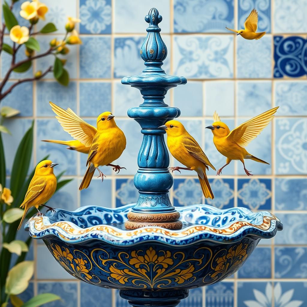 Birds at Blue Fountain in Art Nouveau Style