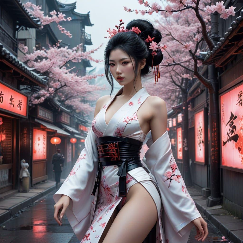 Futuristic Geisha in a Techno-Zen Landscape