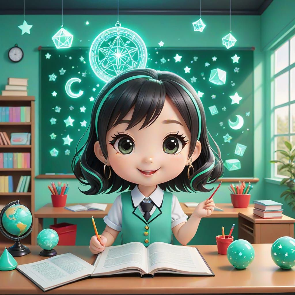 Whimsical Chibi Educator in a Mint-Colored Classroom