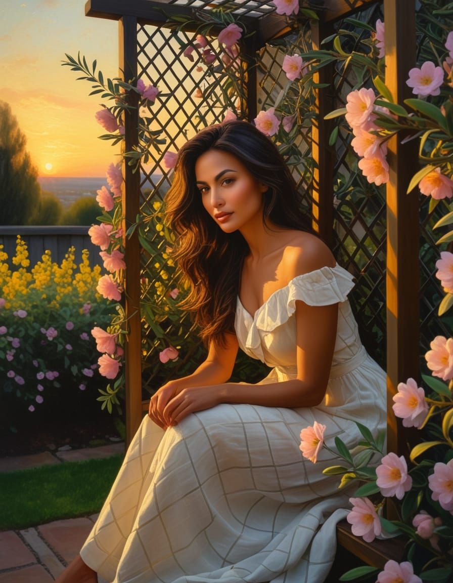 Ethereal Woman in Trellis: Romantic Realism Oil Painting