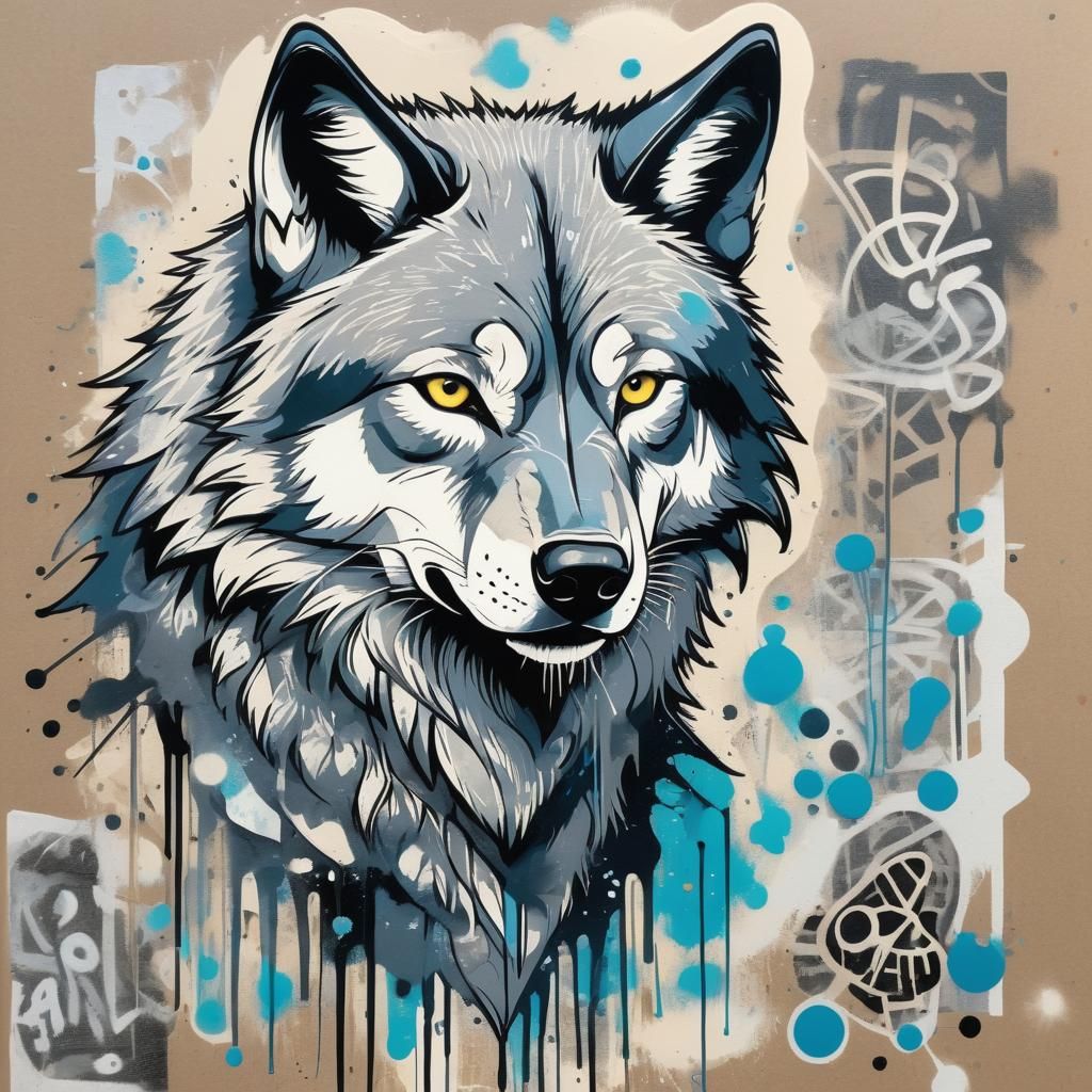 Wolf Graphic Screen Print With Graffiti Textures