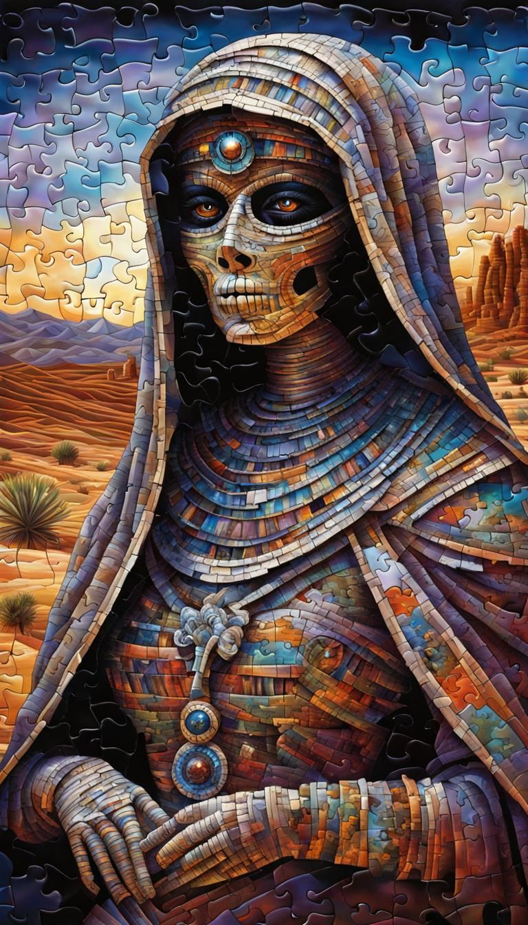 Puzzle Art Portrait: Spooky Mummy in Enchanted Desert