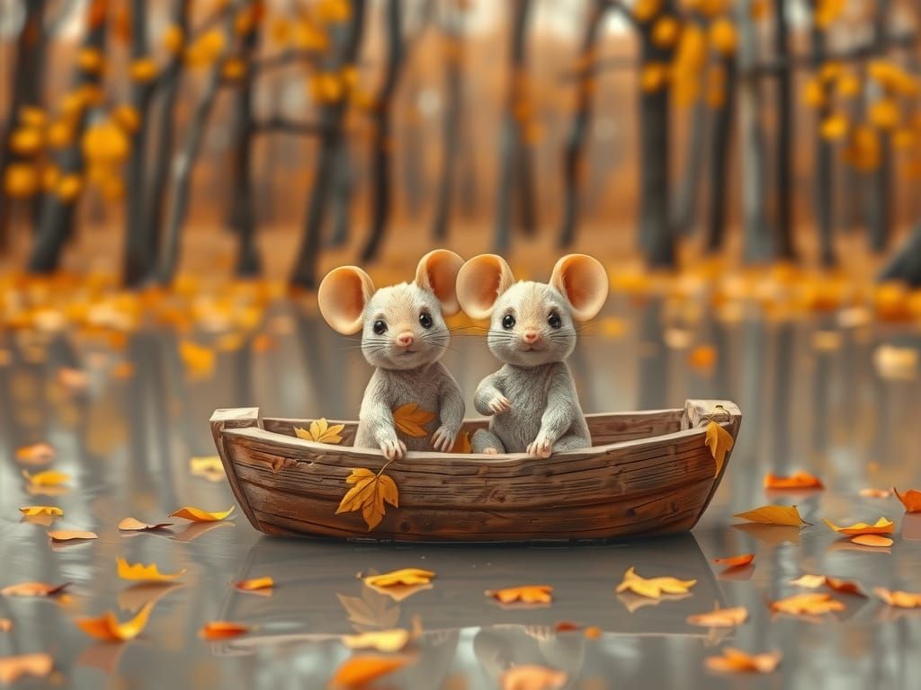 Adorable Mice in Autumn Rowboat