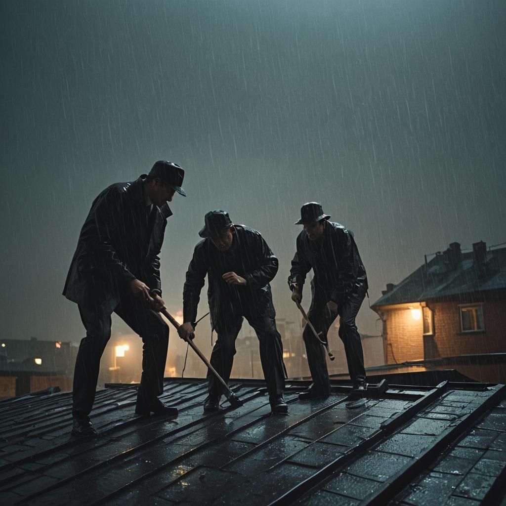 Gritty Film Noir: Men Tapping on a Rainy Rooftop