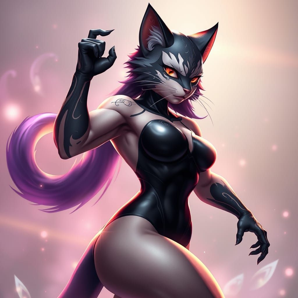 Sleek Feline Warrior in Shimmering Black Bodysuit