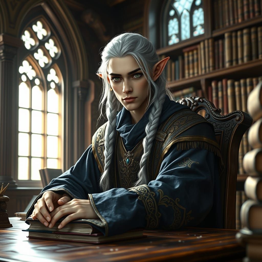 Elegant Elven Scholar in Grand Library
