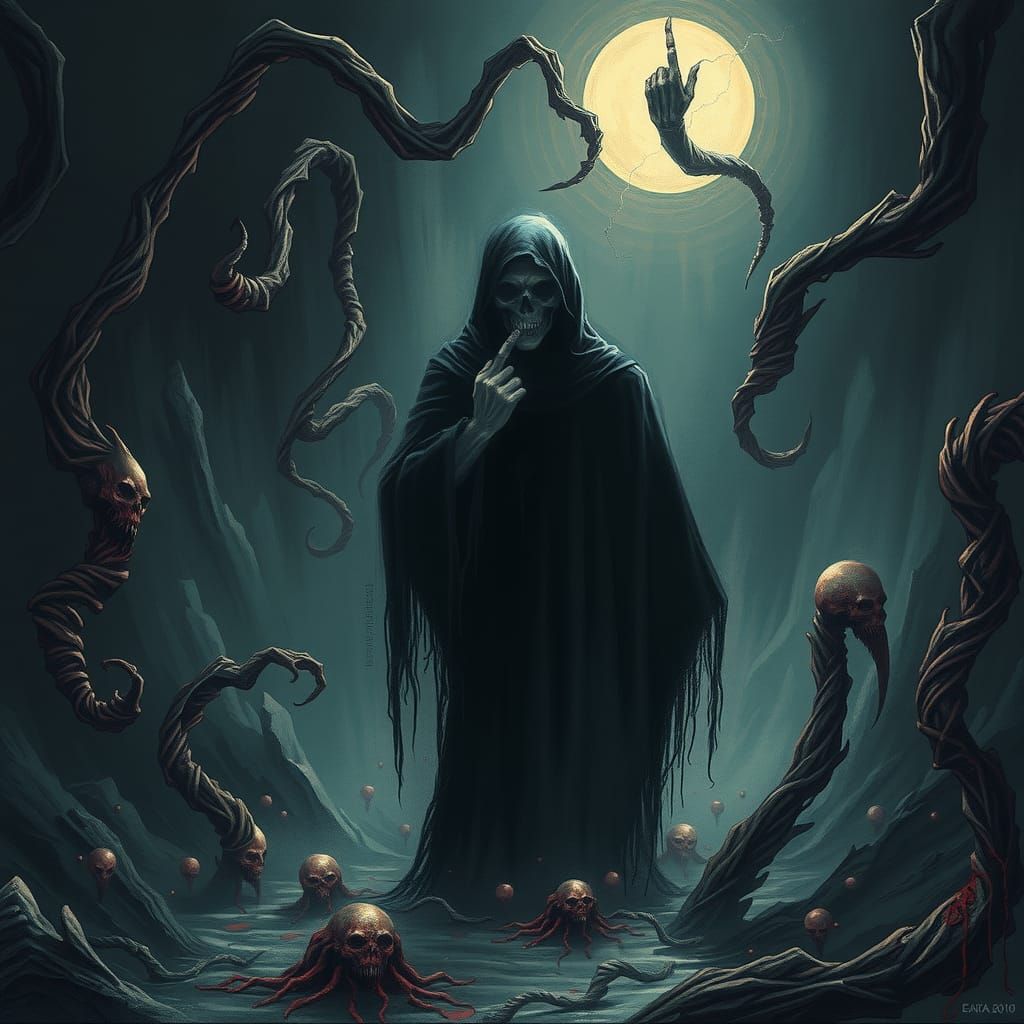 Eerie Figure Beckons in Haunting, Dark Illustration