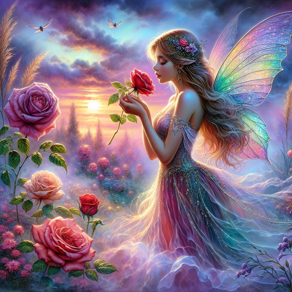 Fairy Smelling Rose in Enchanting Garden, Watercolor Style