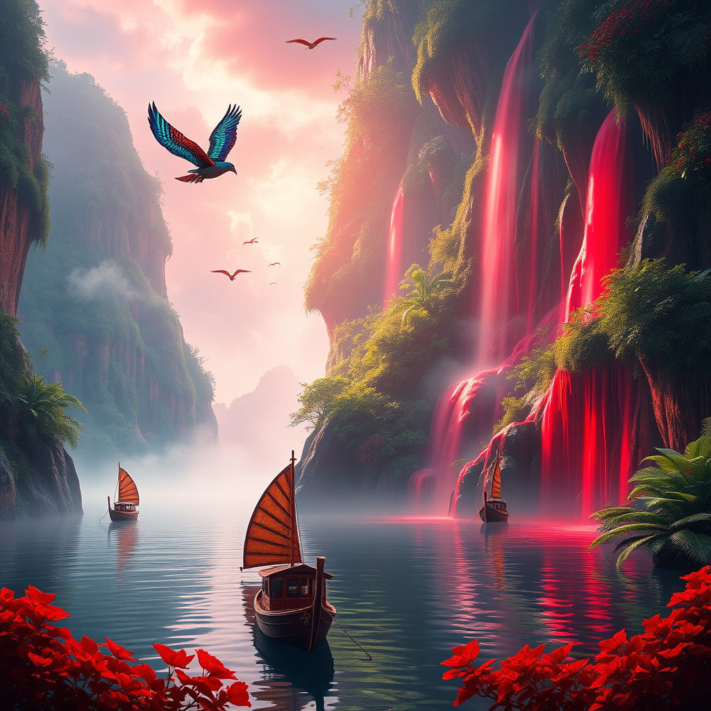 Vibrant Red Waterfalls in Lush Tropical Landscape