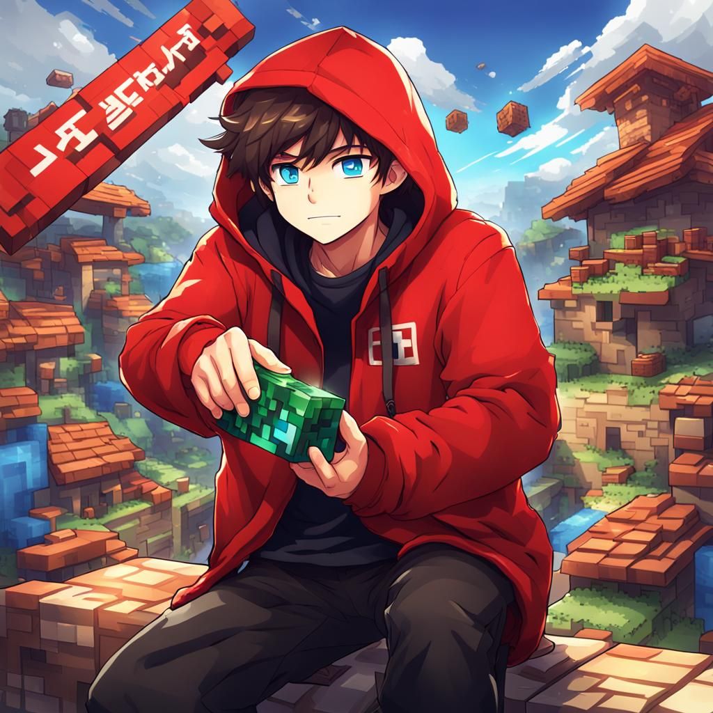 Boy Playing Minecraft in Anime Style
