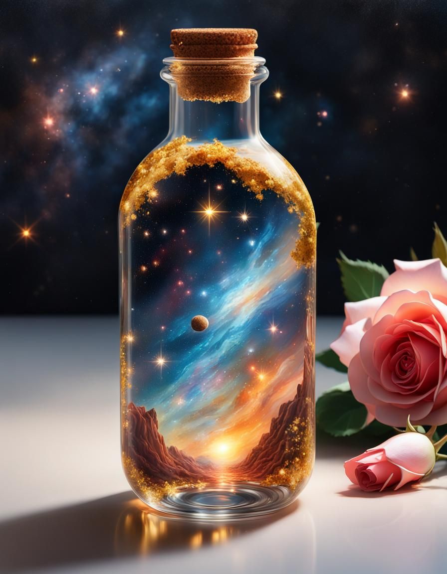 Gorgeous Galaxy Nebula Inside Bottle as Oil Painting