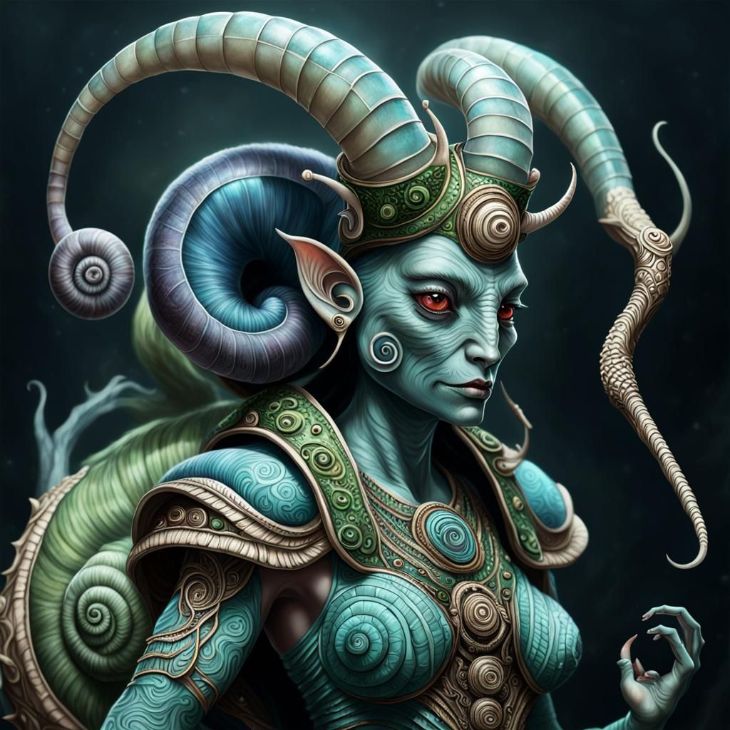 Hyperdetailed Anthropomorphic Snail Demon Goddess