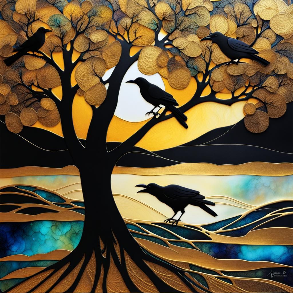 Ravens Dreaming Beneath Fantasy Trees in Cubist Style