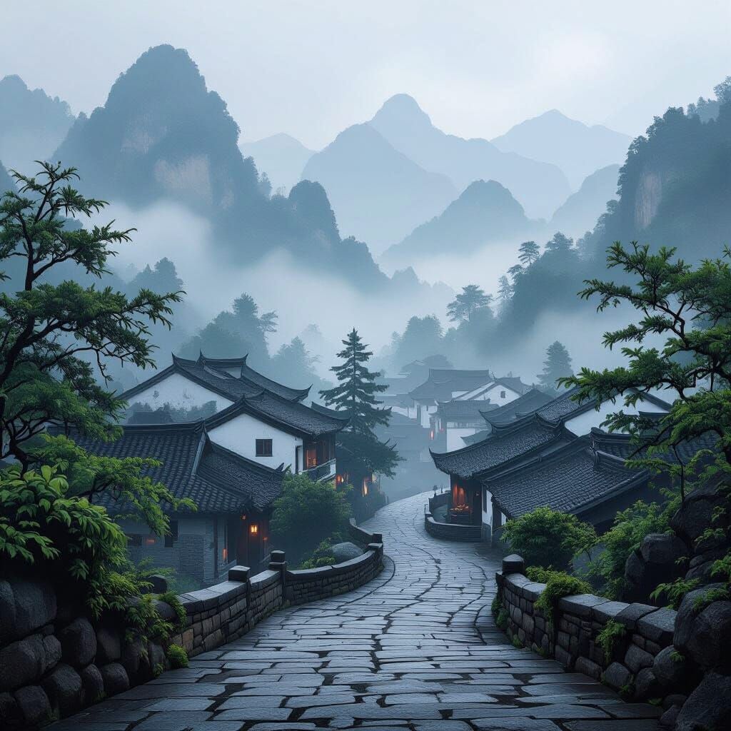 Misty Chinese Village in Ancient Mountains, Digital Matte Pa...