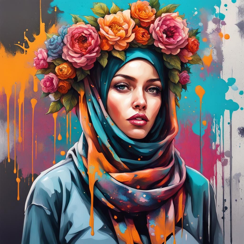 Woman with Hijab and Flower Crown in Graffiti Art