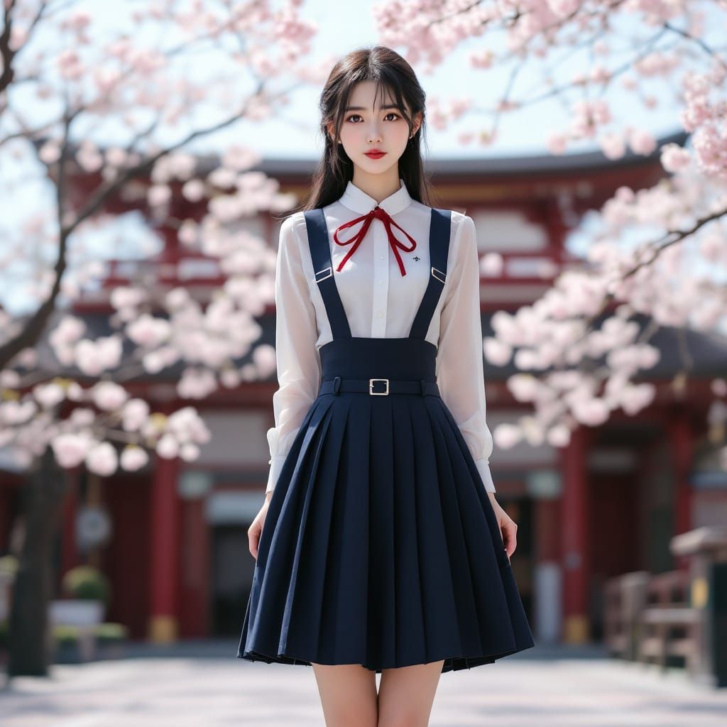 Japanese Student at Shrine with Cherry Blossoms