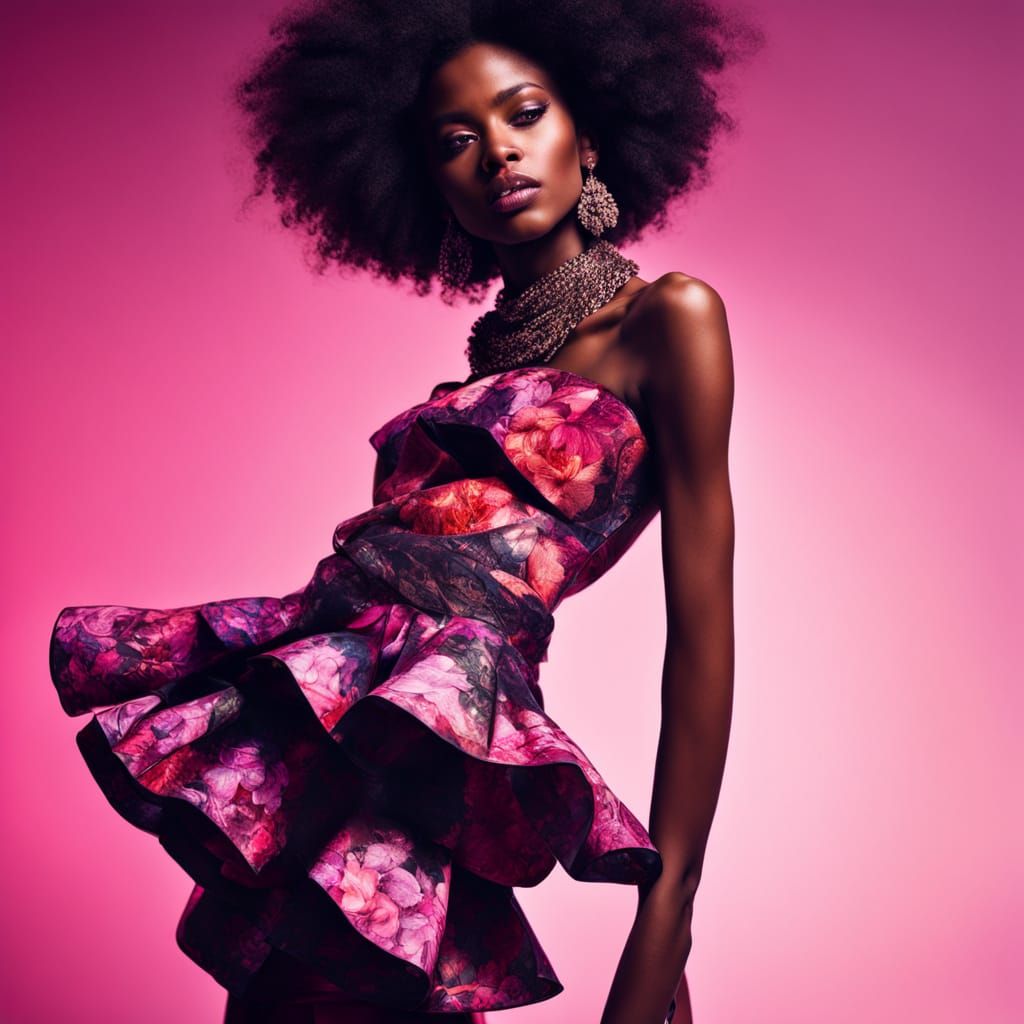 Glamorous Dark-Skinned Model in Haute Couture Fashion Editor...