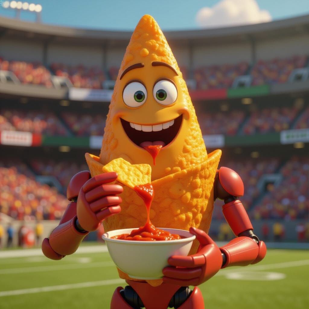 Doritos Man Eats Salsa in Pixar Cartoon Style