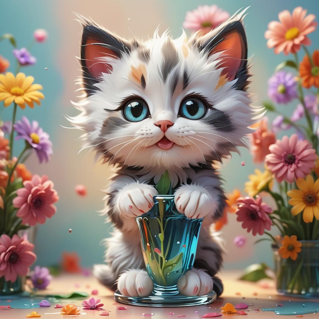 Adorable Fluffy Kitten with Flowers: Hyperrealistic Concept ...