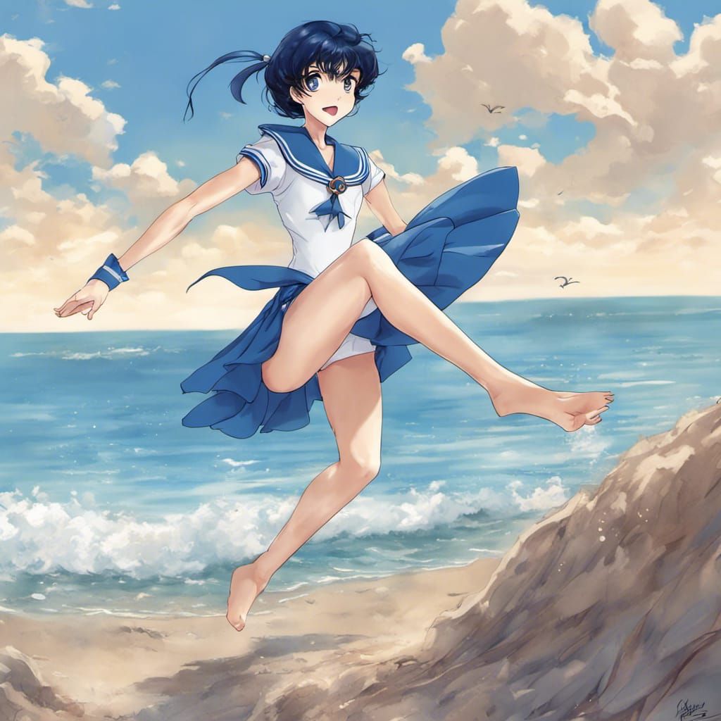 Sailor Mercury Beach Jump in Anime Style