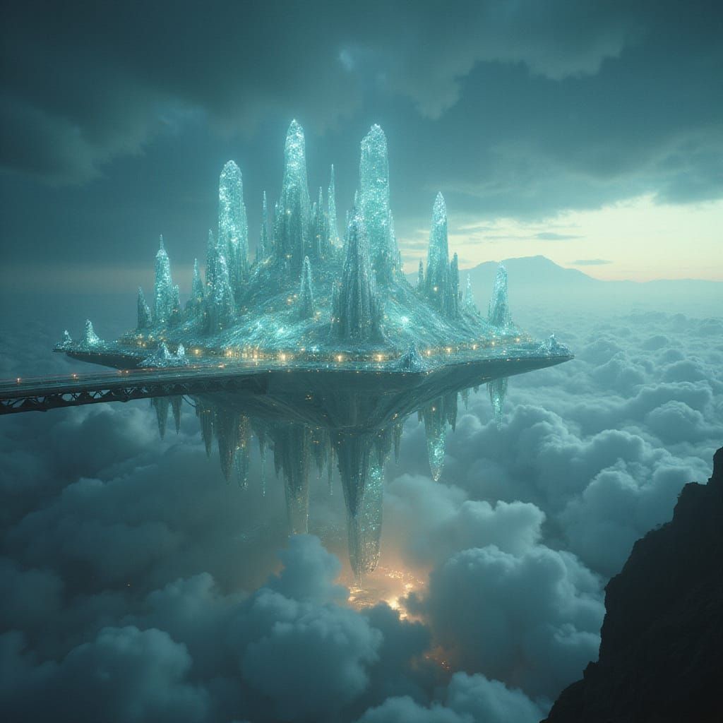 Floating Crystal City: Surreal Sci-Fi Utopia