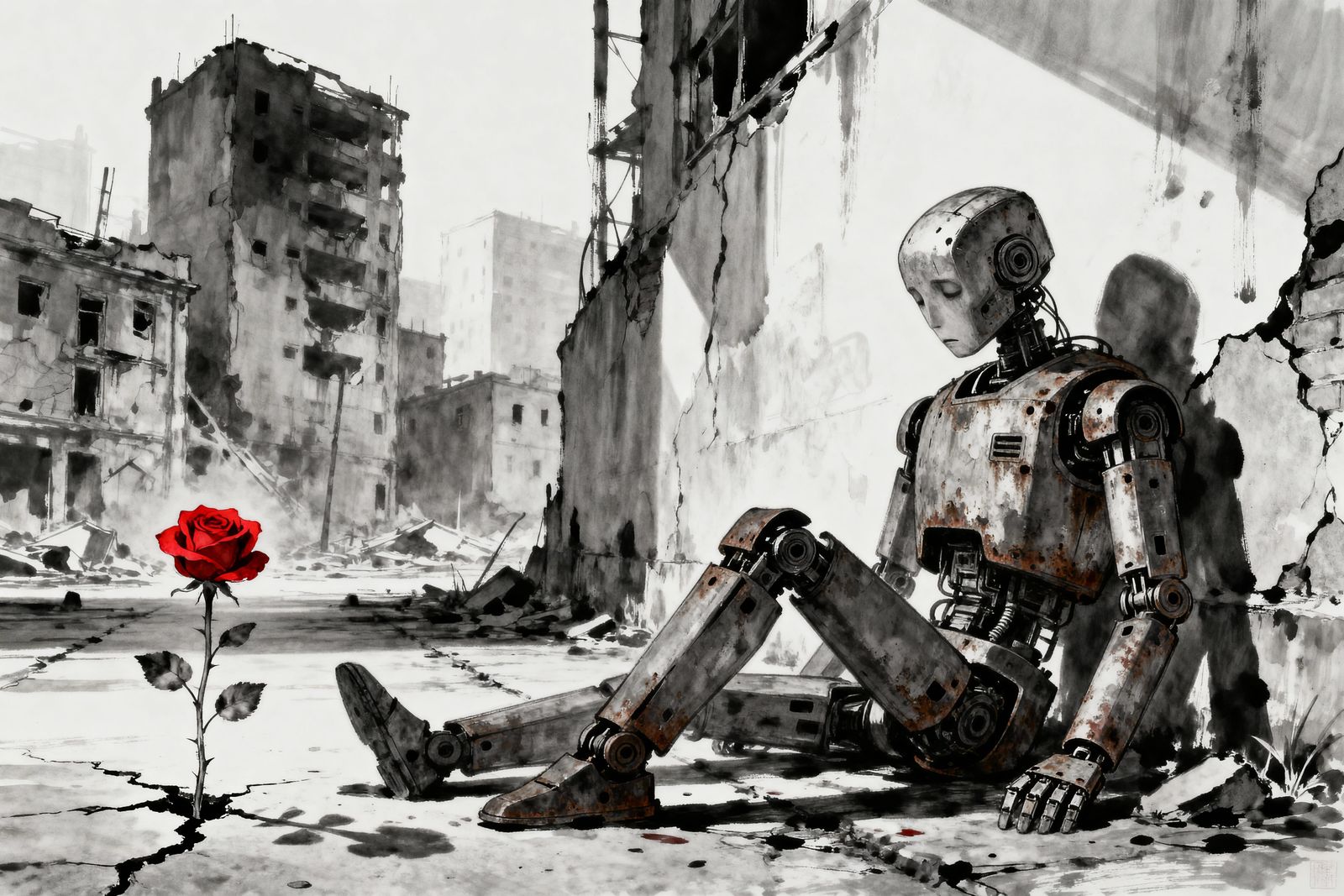 Melancholic Robot in Ruined City with Red Rose, Charcoal Sty...