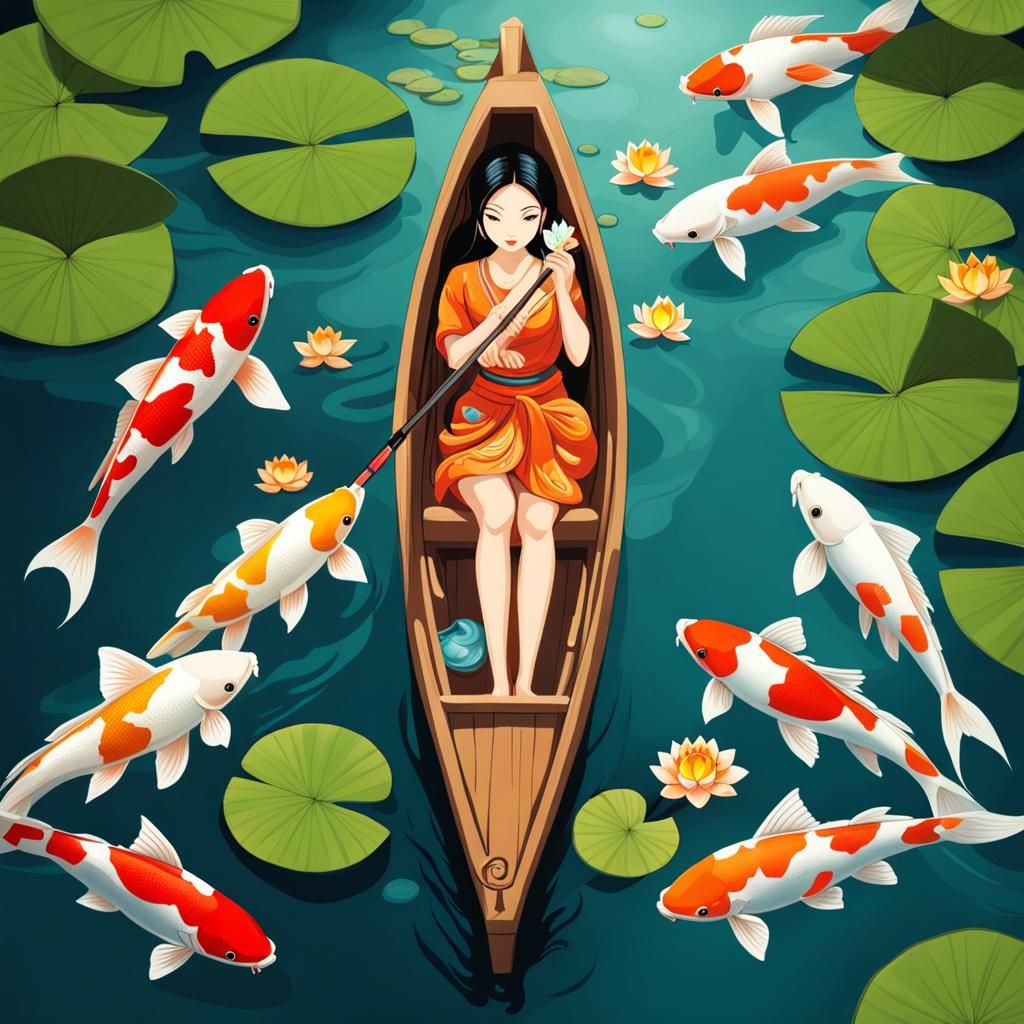 Top View Boat with Koi Fish and Lotus Painting