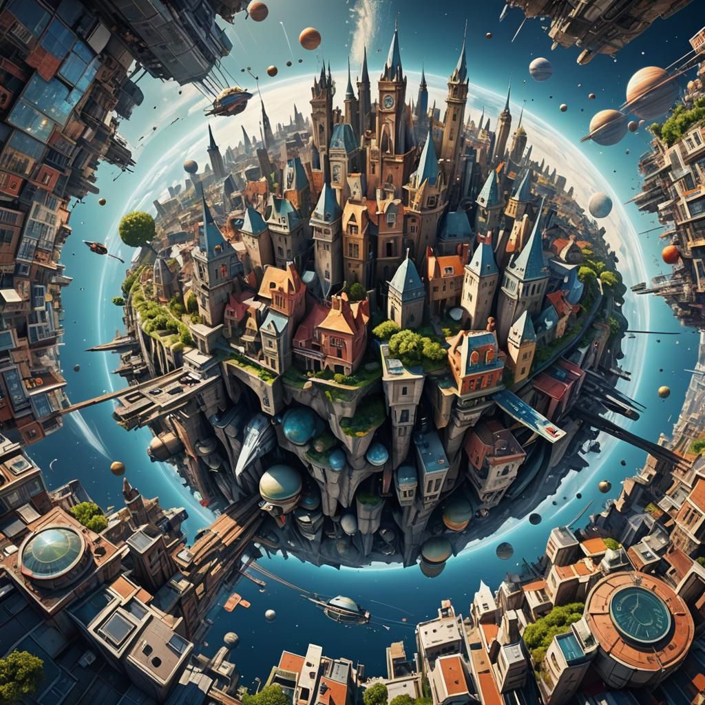 Mini City on a Planet in Space: Hyperrealistic Collage