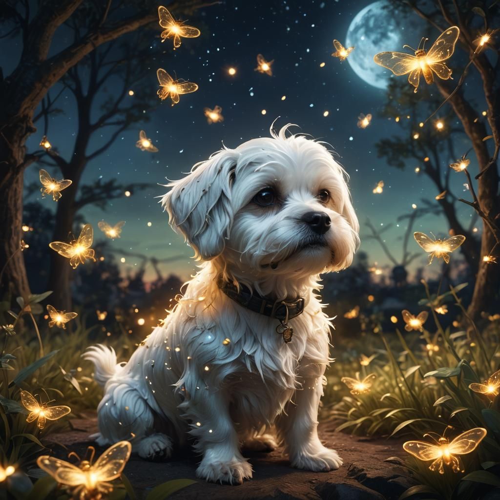 Maltese Dog Surrounded by Fireflies: Fantasy Concept Art