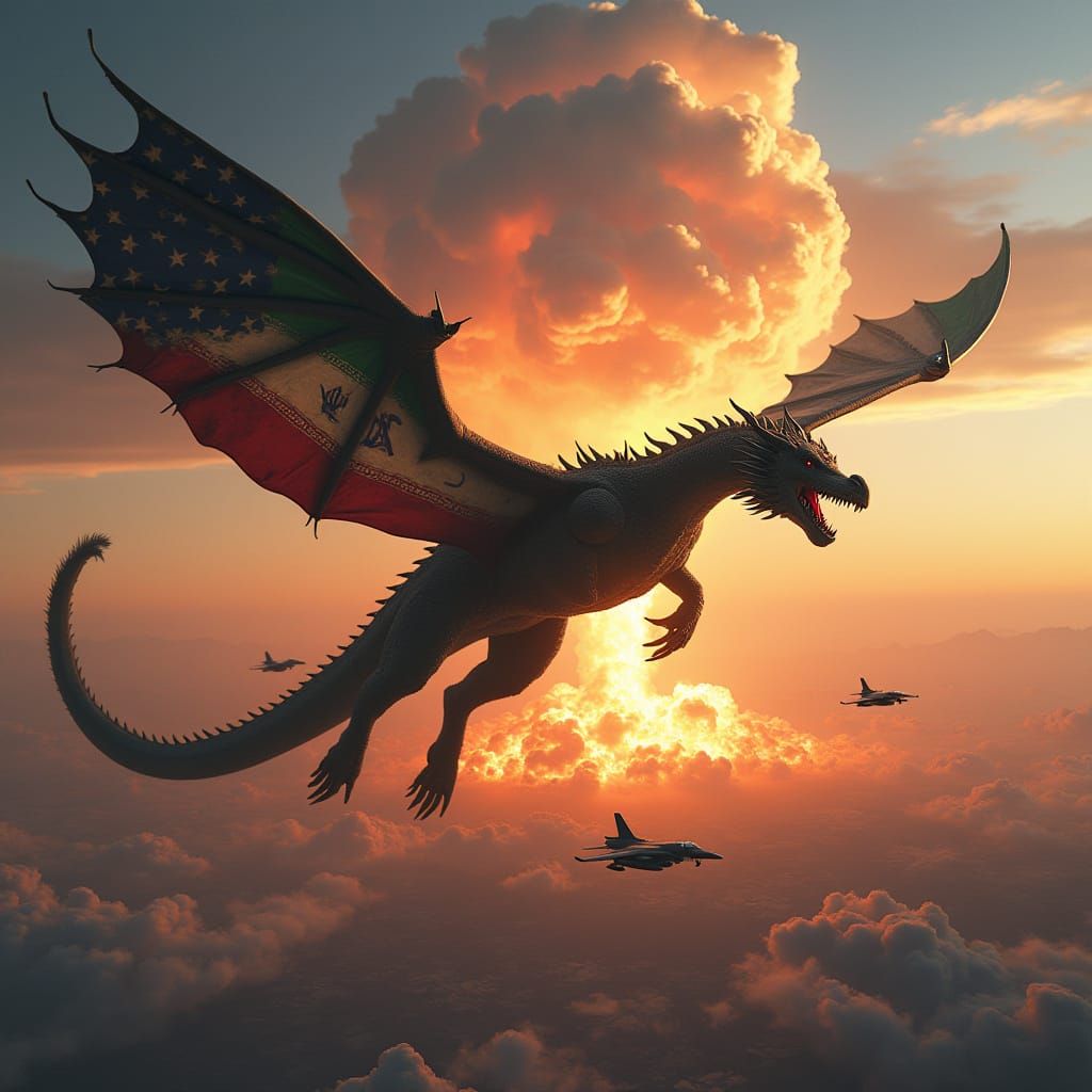 Dragon Flags Soaring Over Iran, Hyperrealistic Art