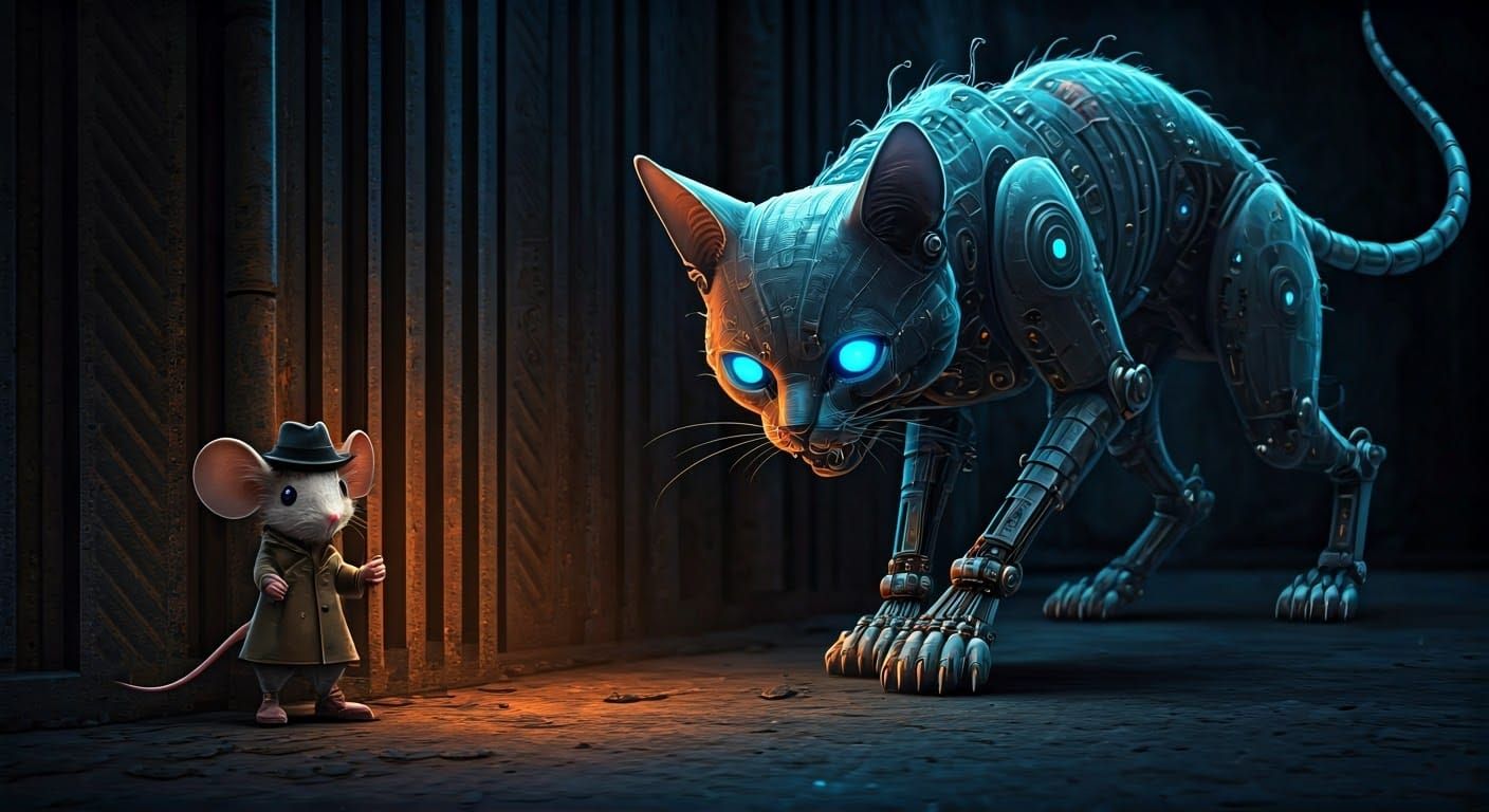 Cybernetic Cat Menaces Timid Mouse in Dystopian Alleyway