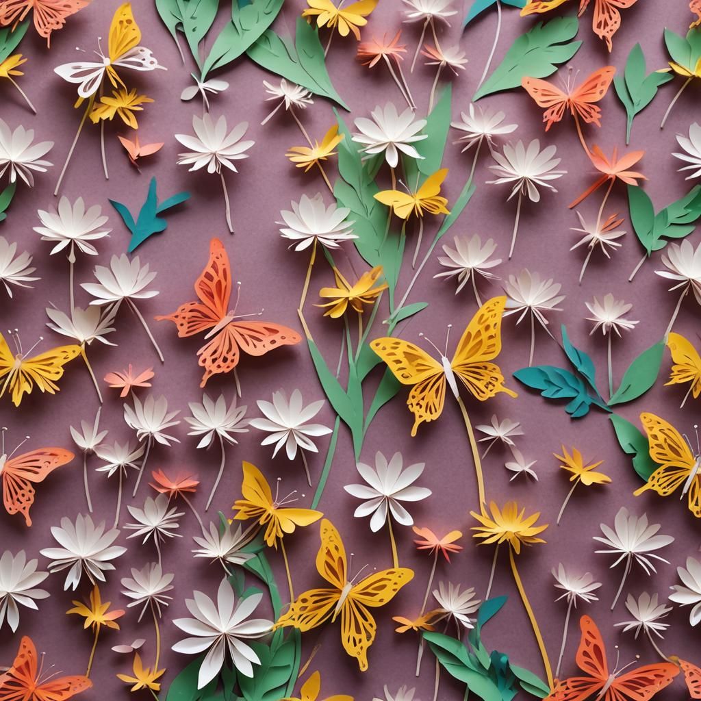 Kirigami Butterfly on Dandelion with Multicolored Paper