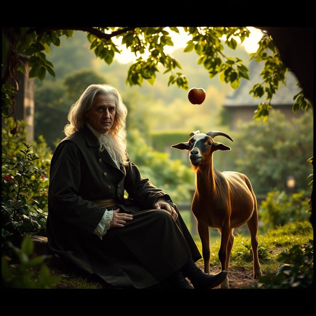Isaac Newton in Enchanted 17th-Century Garden with Curious G...