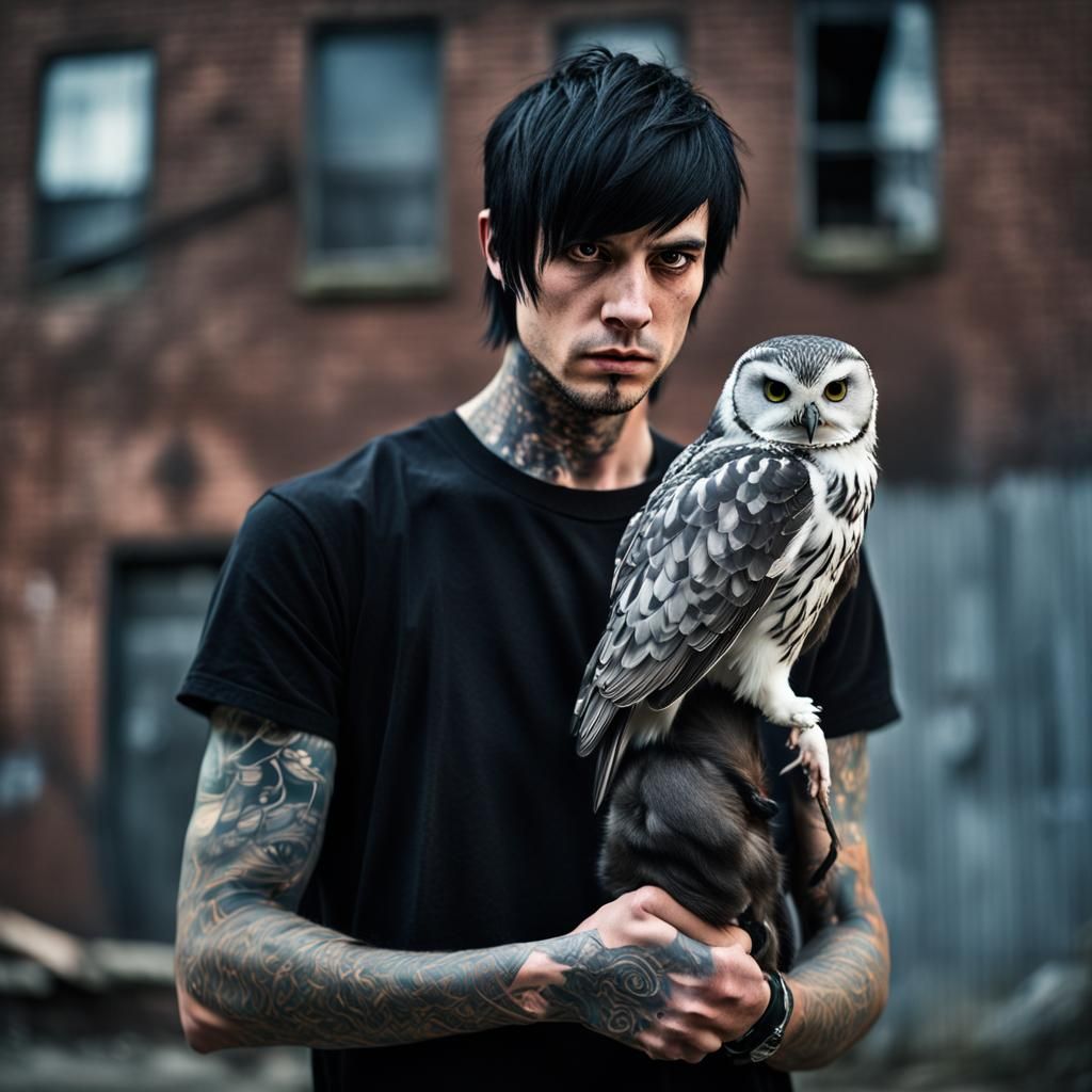 Cursed Goth Man with Owl in New York City