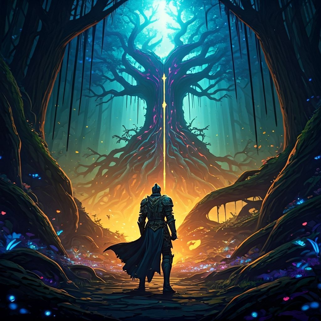 Heroic Knight Defends Arcane Tree: Digital Illustration